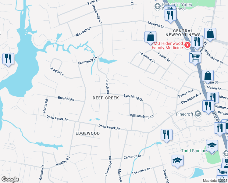 map of restaurants, bars, coffee shops, grocery stores, and more near 66 Church Road in Newport News