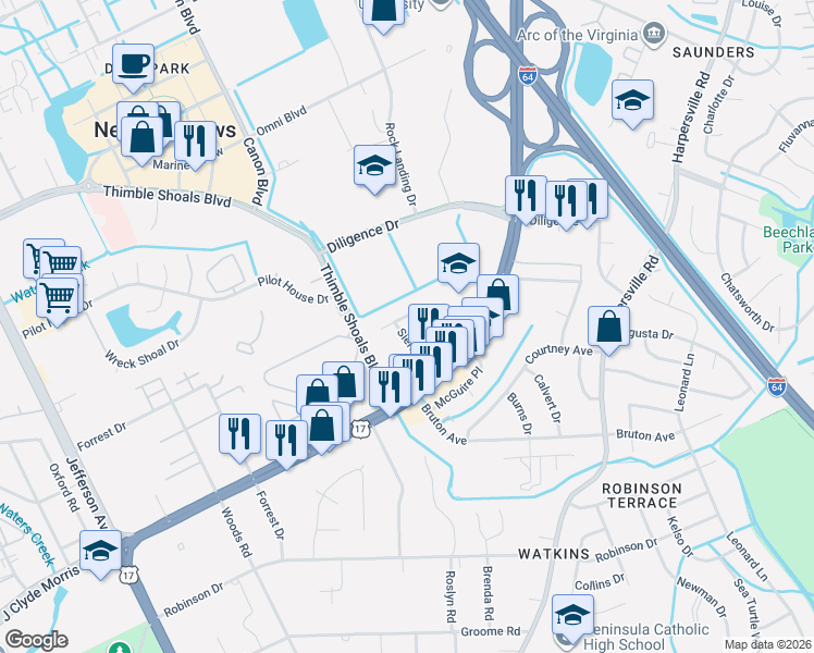 map of restaurants, bars, coffee shops, grocery stores, and more near 757 Pueblo Road in Newport News