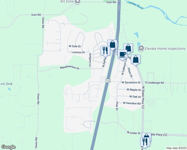 map of restaurants, bars, coffee shops, grocery stores, and more near 1823 Tower Circle in Nixa