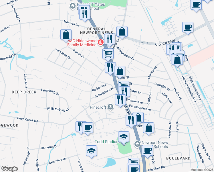map of restaurants, bars, coffee shops, grocery stores, and more near 11 Parker Avenue in Newport News