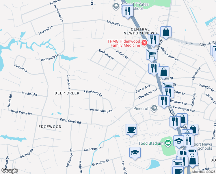 map of restaurants, bars, coffee shops, grocery stores, and more near 4 Winder Crescent in Newport News