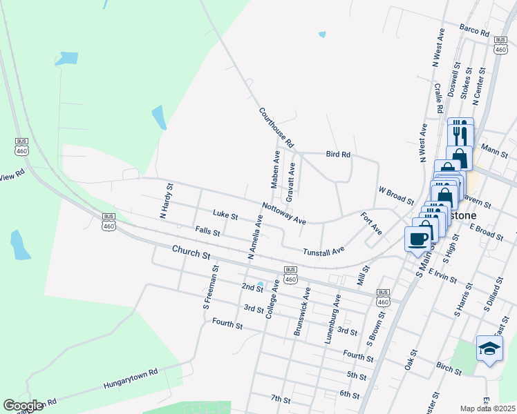 map of restaurants, bars, coffee shops, grocery stores, and more near 701 Nottoway Avenue in Blackstone