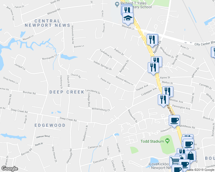 map of restaurants, bars, coffee shops, grocery stores, and more near 4 Winder Crescent in Newport News
