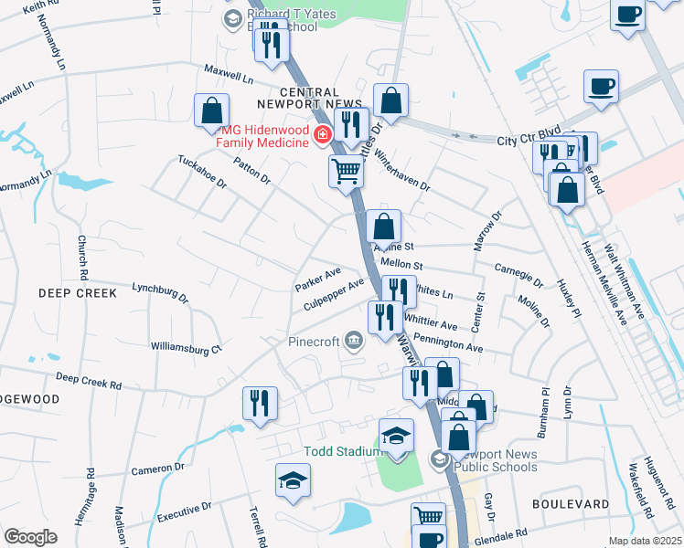 map of restaurants, bars, coffee shops, grocery stores, and more near 11 Parker Avenue in Newport News