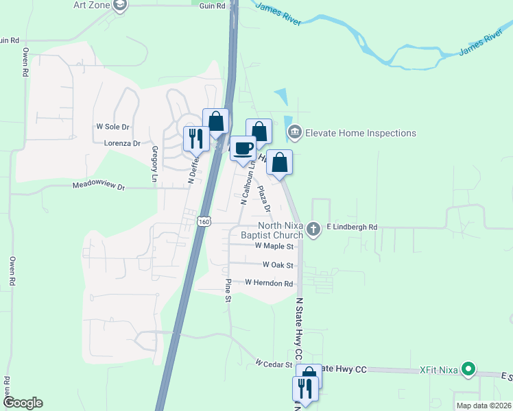 map of restaurants, bars, coffee shops, grocery stores, and more near 206 Village Court in Nixa