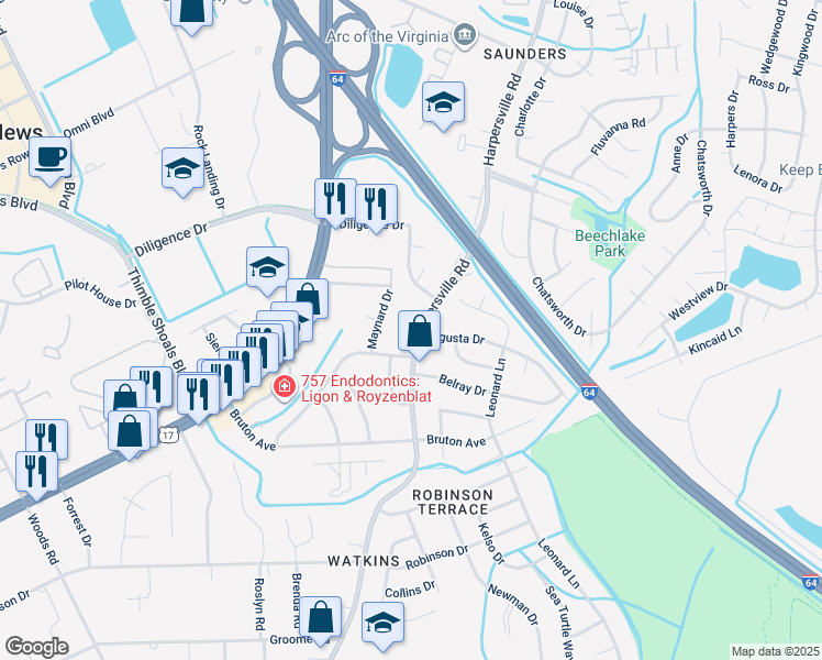 map of restaurants, bars, coffee shops, grocery stores, and more near 783 Harpersville Road in Newport News