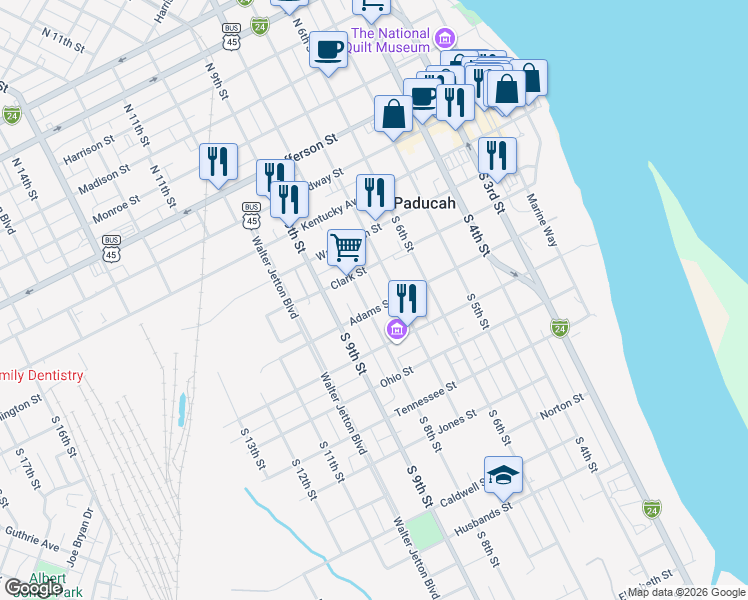 map of restaurants, bars, coffee shops, grocery stores, and more near 400-498 S 8th St in Paducah