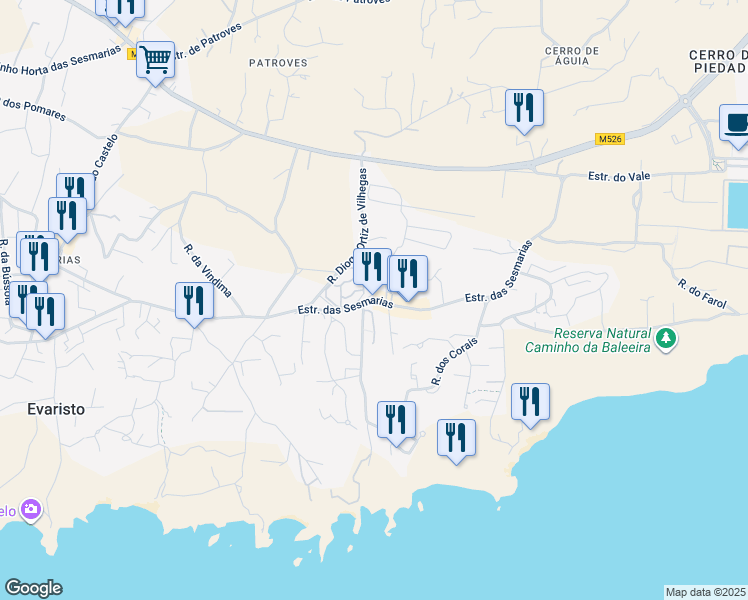 map of restaurants, bars, coffee shops, grocery stores, and more near Caminho das Sesmarias in Albufeira