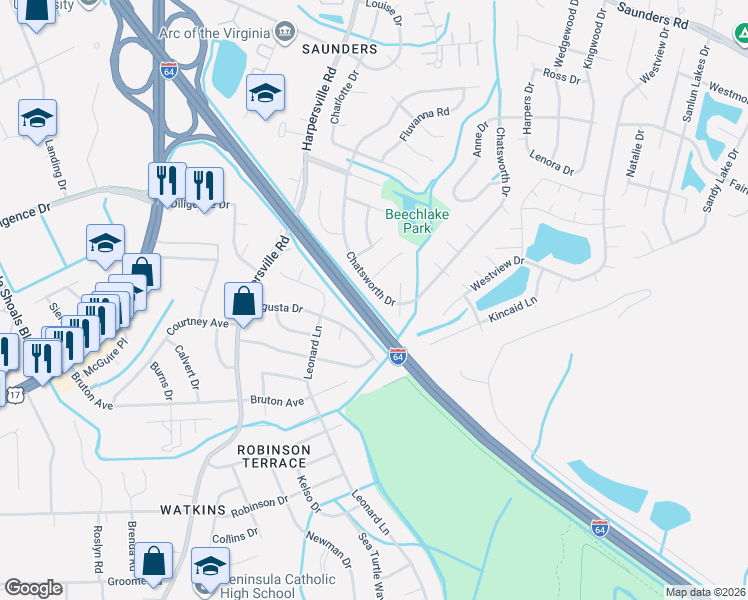 map of restaurants, bars, coffee shops, grocery stores, and more near 809 Chatsworth Drive in Newport News