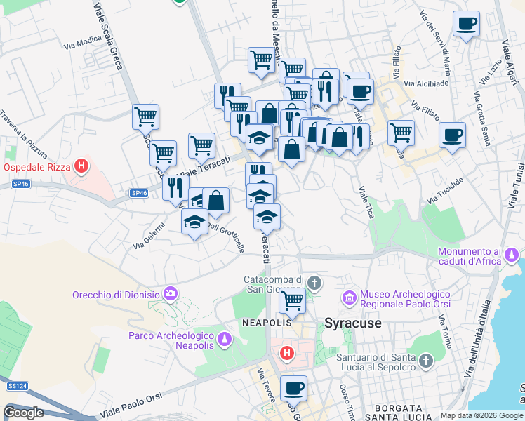 map of restaurants, bars, coffee shops, grocery stores, and more near 43 Viale Teracati in Siracusa