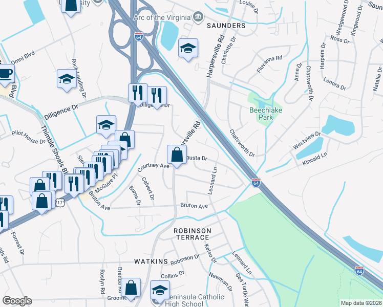 map of restaurants, bars, coffee shops, grocery stores, and more near 745 Leonard Lane in Newport News