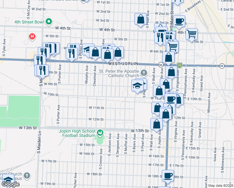 map of restaurants, bars, coffee shops, grocery stores, and more near 716 West 9th Street in Joplin