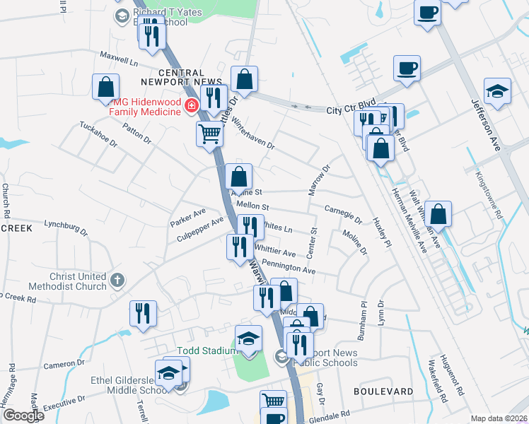 map of restaurants, bars, coffee shops, grocery stores, and more near 7D Mellon Street in Newport News