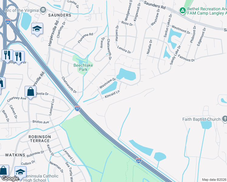 map of restaurants, bars, coffee shops, grocery stores, and more near 8 Kincaid Lane in Hampton