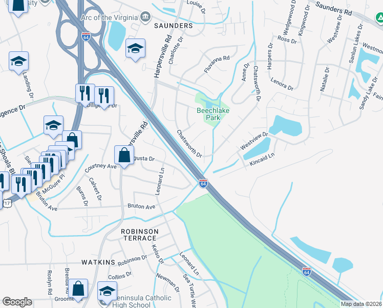 map of restaurants, bars, coffee shops, grocery stores, and more near 809 Chatsworth Drive in Newport News