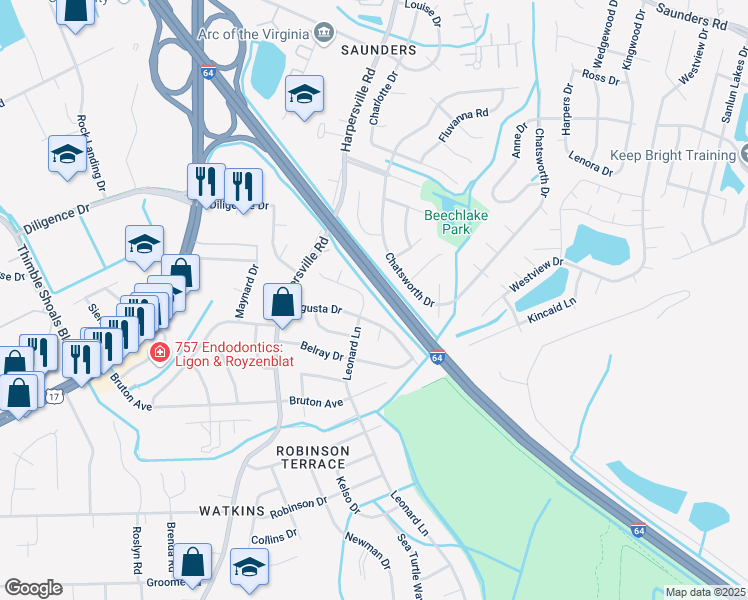 map of restaurants, bars, coffee shops, grocery stores, and more near 732 Leonard Lane in Newport News