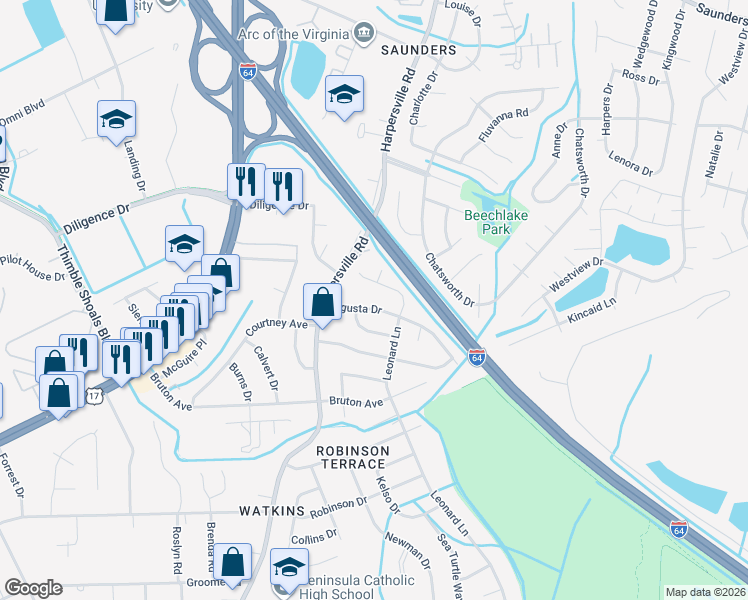 map of restaurants, bars, coffee shops, grocery stores, and more near 745 Leonard Lane in Newport News