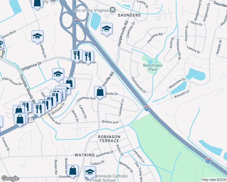 map of restaurants, bars, coffee shops, grocery stores, and more near 745 Leonard Lane in Newport News