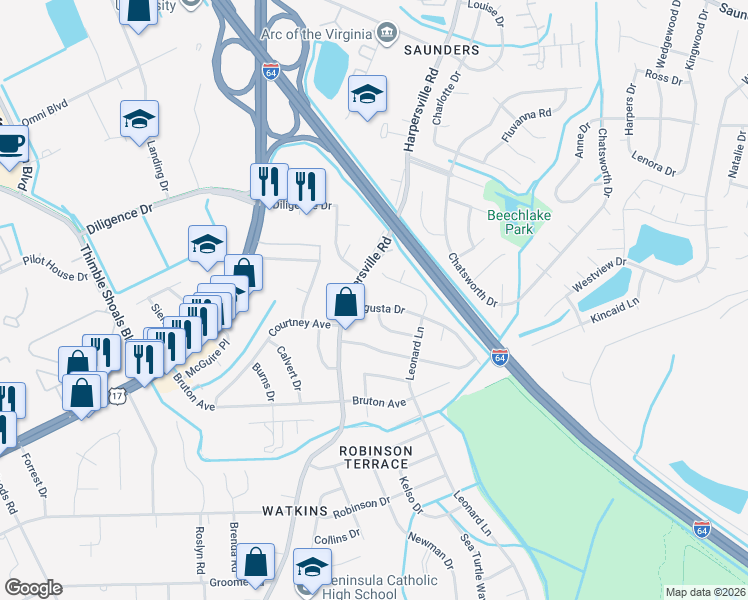 map of restaurants, bars, coffee shops, grocery stores, and more near 745 Leonard Lane in Newport News