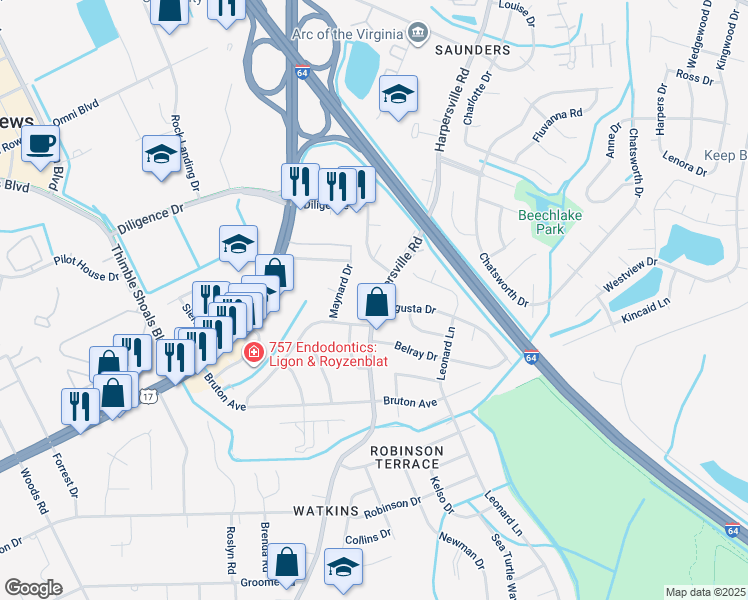 map of restaurants, bars, coffee shops, grocery stores, and more near 783 Harpersville Road in Newport News
