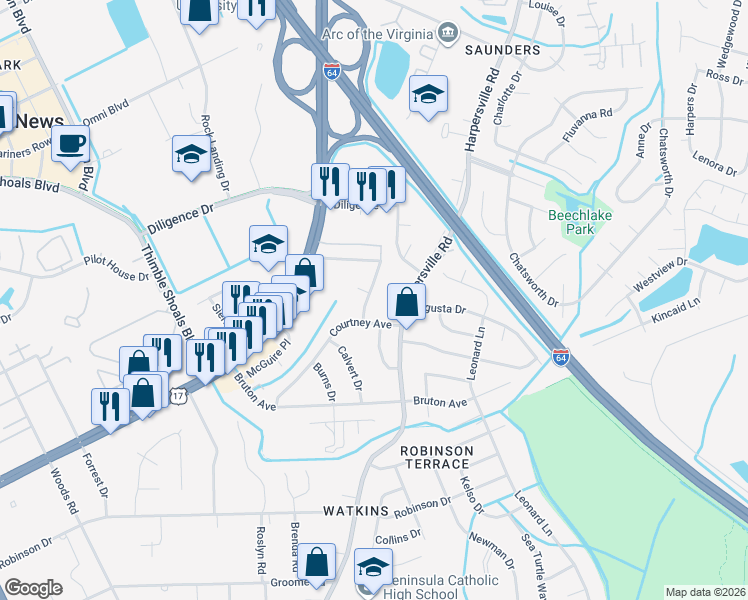 map of restaurants, bars, coffee shops, grocery stores, and more near 14 Maynard Drive in Newport News