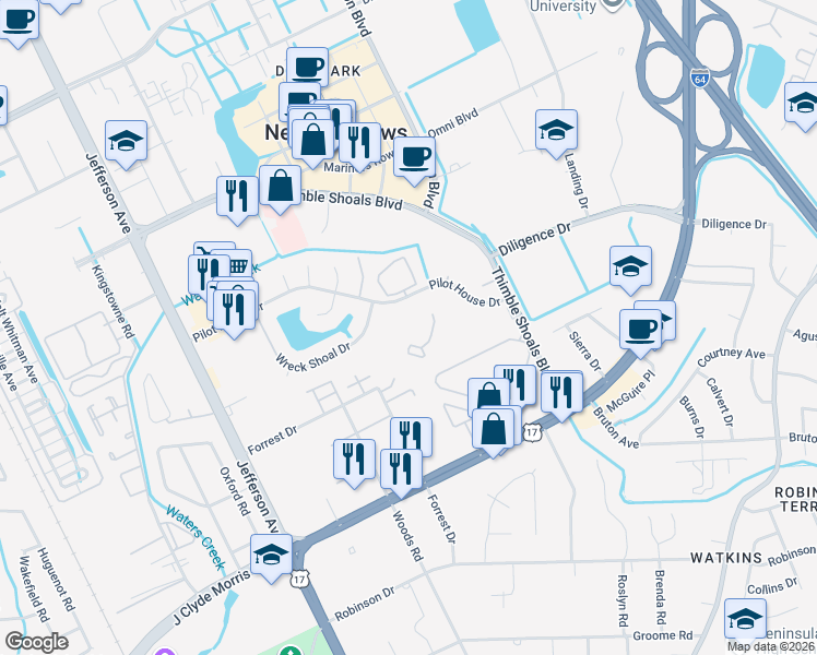 map of restaurants, bars, coffee shops, grocery stores, and more near 209 Nantucket Place in Newport News