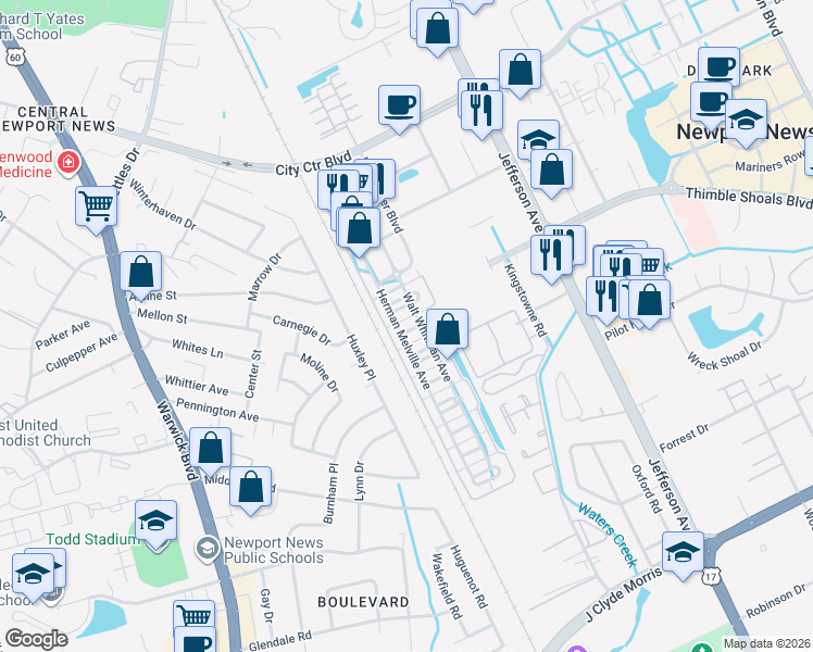 map of restaurants, bars, coffee shops, grocery stores, and more near 98 F Scott Fitzgerald Square in Newport News