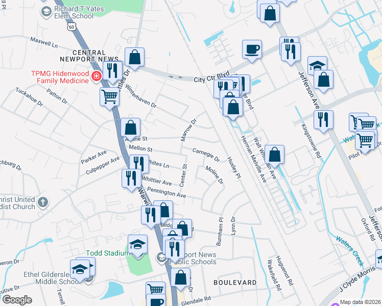 map of restaurants, bars, coffee shops, grocery stores, and more near 159 Carnegie Drive in Newport News