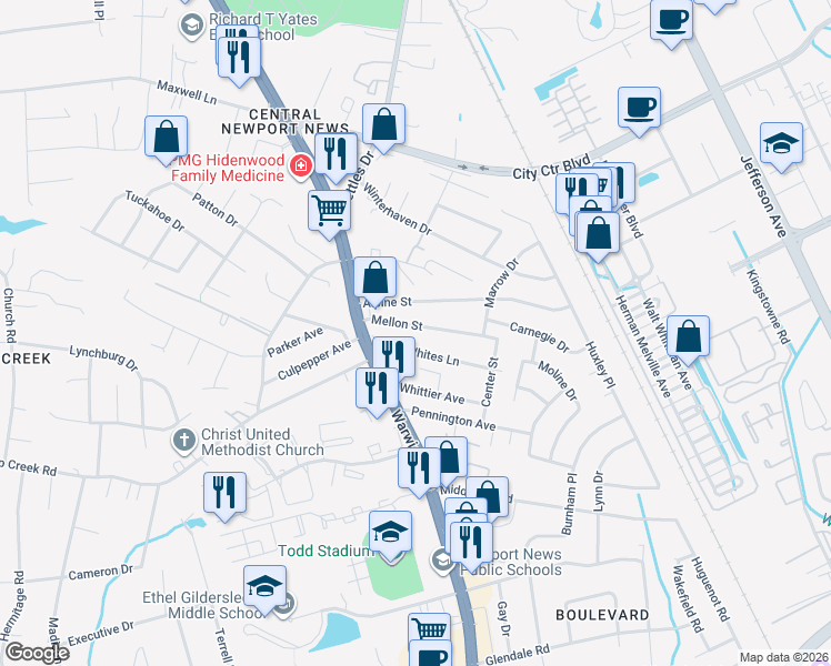 map of restaurants, bars, coffee shops, grocery stores, and more near 7D Mellon Street in Newport News