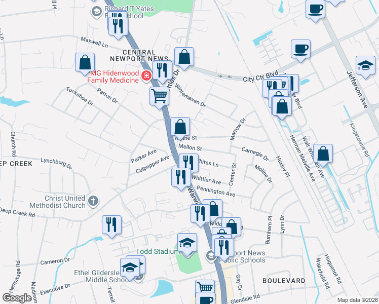 map of restaurants, bars, coffee shops, grocery stores, and more near 7D Mellon Street in Newport News