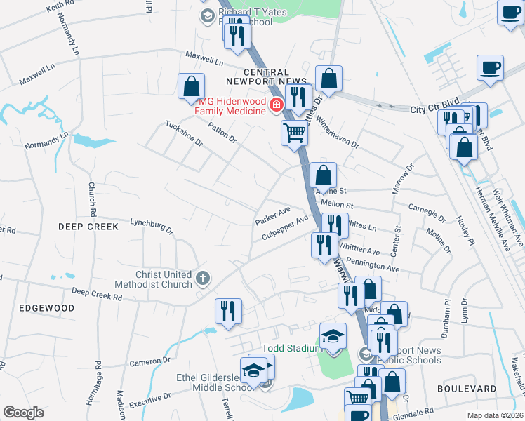 map of restaurants, bars, coffee shops, grocery stores, and more near 53 Turlington Road in Newport News