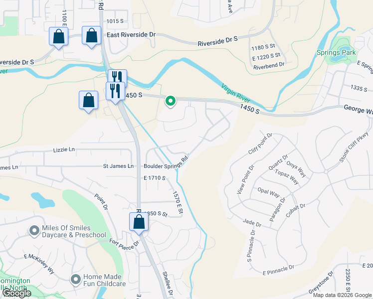 map of restaurants, bars, coffee shops, grocery stores, and more near 1587 Cobblestone Lane in St. George