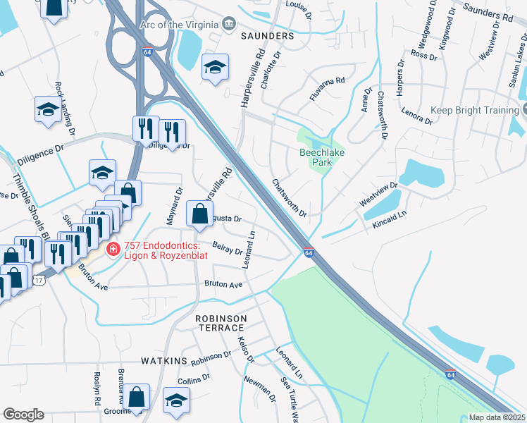 map of restaurants, bars, coffee shops, grocery stores, and more near 732 Leonard Lane in Newport News