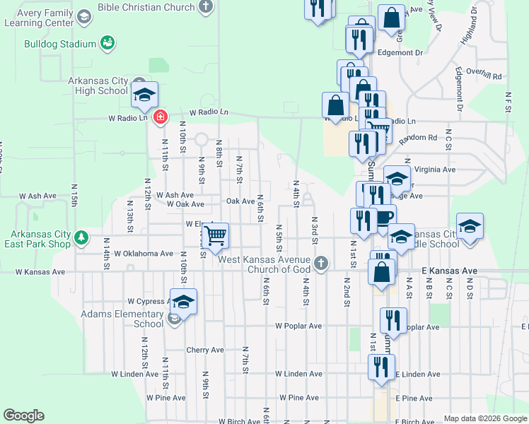 map of restaurants, bars, coffee shops, grocery stores, and more near 1701 North 6th Street in Arkansas City