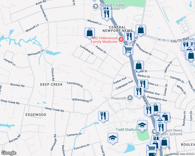 map of restaurants, bars, coffee shops, grocery stores, and more near 116 Parker Avenue in Newport News