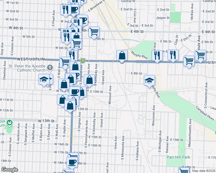 map of restaurants, bars, coffee shops, grocery stores, and more near 501-531 East 9th Street in Joplin