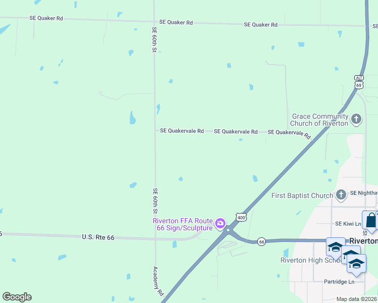 map of restaurants, bars, coffee shops, grocery stores, and more near 6266 Southeast Quakervale Road in Riverton