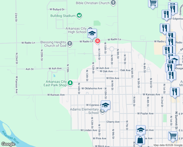 map of restaurants, bars, coffee shops, grocery stores, and more near 1640 North 13th Street in Arkansas City