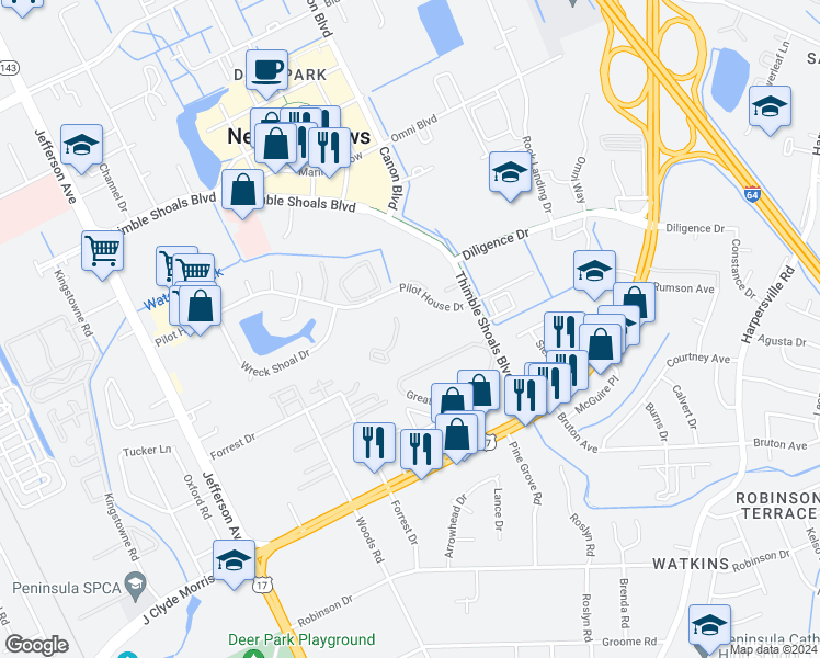 map of restaurants, bars, coffee shops, grocery stores, and more near 358 Nantucket Place in Newport News