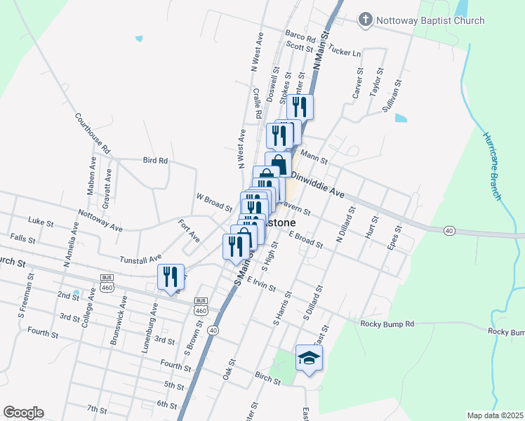 map of restaurants, bars, coffee shops, grocery stores, and more near 121 N Main St in Blackstone