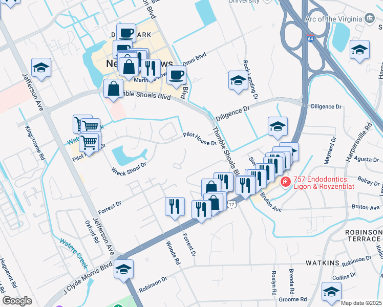 map of restaurants, bars, coffee shops, grocery stores, and more near 358 Nantucket Place in Newport News