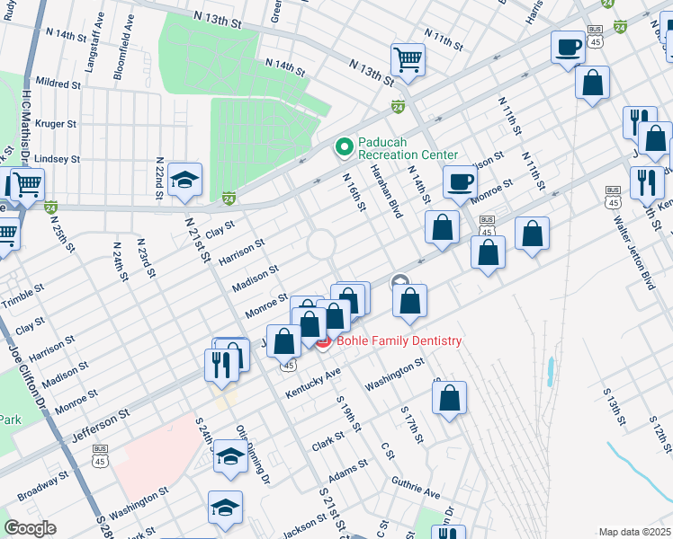 map of restaurants, bars, coffee shops, grocery stores, and more near 300 Fountain Avenue in Paducah