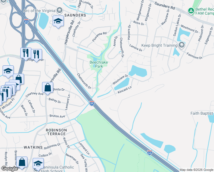 map of restaurants, bars, coffee shops, grocery stores, and more near 6 Nurmi Lane in Hampton