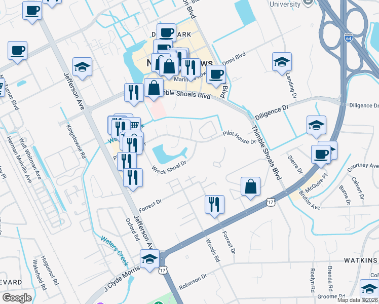 map of restaurants, bars, coffee shops, grocery stores, and more near 101 Beacon Way in Newport News