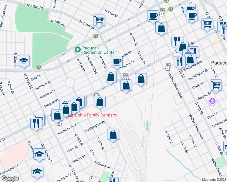 map of restaurants, bars, coffee shops, grocery stores, and more near 1331 Broadway Street in Paducah