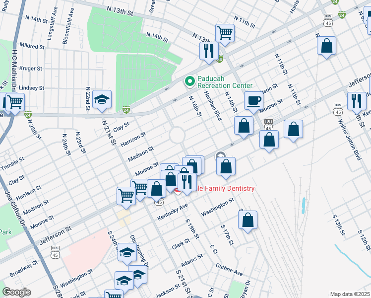 map of restaurants, bars, coffee shops, grocery stores, and more near 300 Fountain Avenue in Paducah
