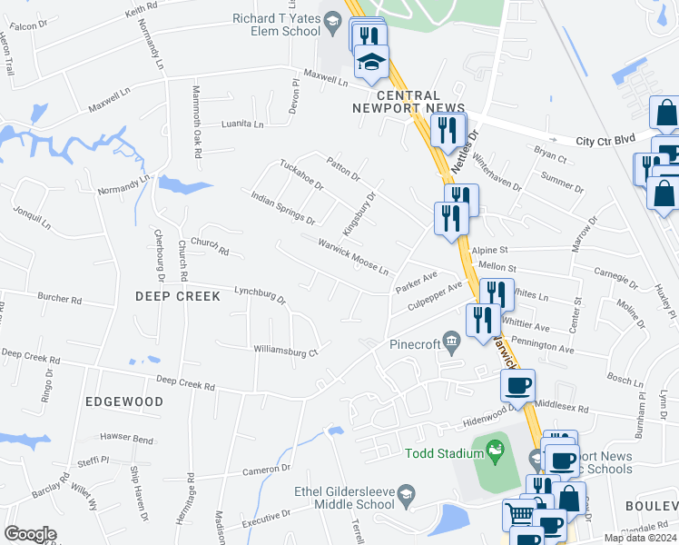 map of restaurants, bars, coffee shops, grocery stores, and more near 116 Parker Avenue in Newport News
