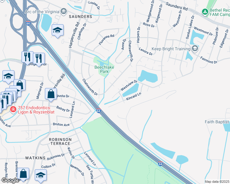 map of restaurants, bars, coffee shops, grocery stores, and more near 402 Westview Drive in Hampton