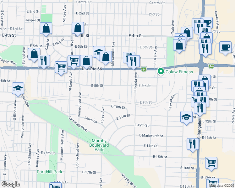 map of restaurants, bars, coffee shops, grocery stores, and more near 809 Patterson Avenue in Joplin