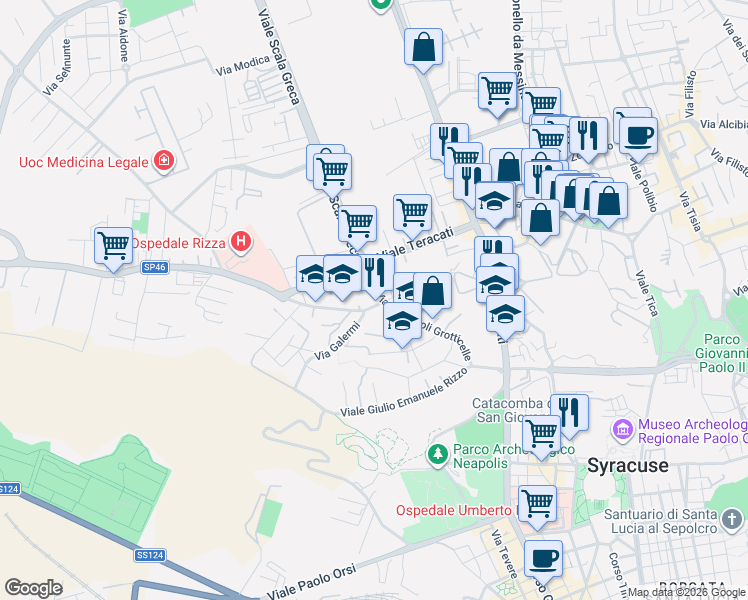 map of restaurants, bars, coffee shops, grocery stores, and more near Via Necropoli Grotticelle in Siracusa